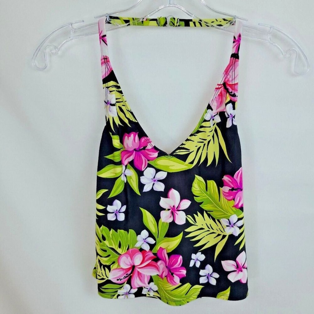 Catalina M 8 - 10 Tankini Top Bright Floral Black Green Pink Shelf Bra